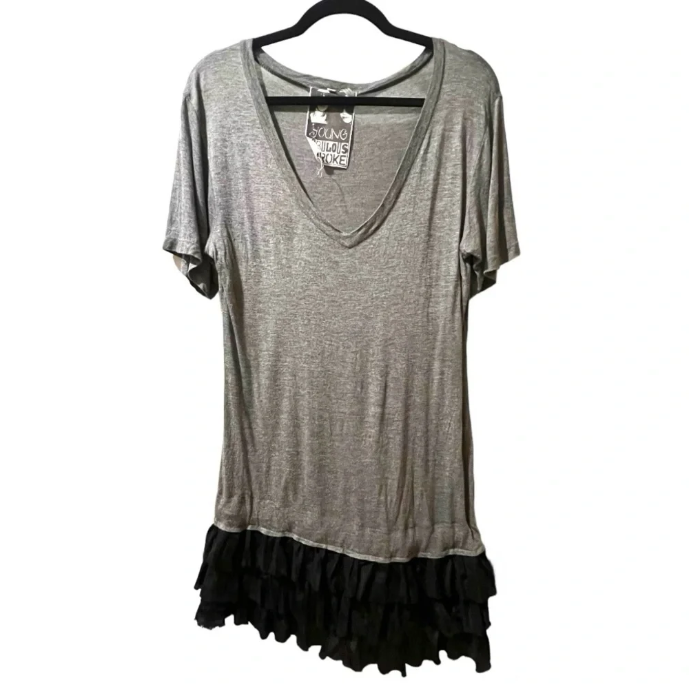 Y2K Young Fabulous & Broke Sz M Mini Dress Tunic Top Grey T-shirt Silk Ruffle - Picture 6 of 16